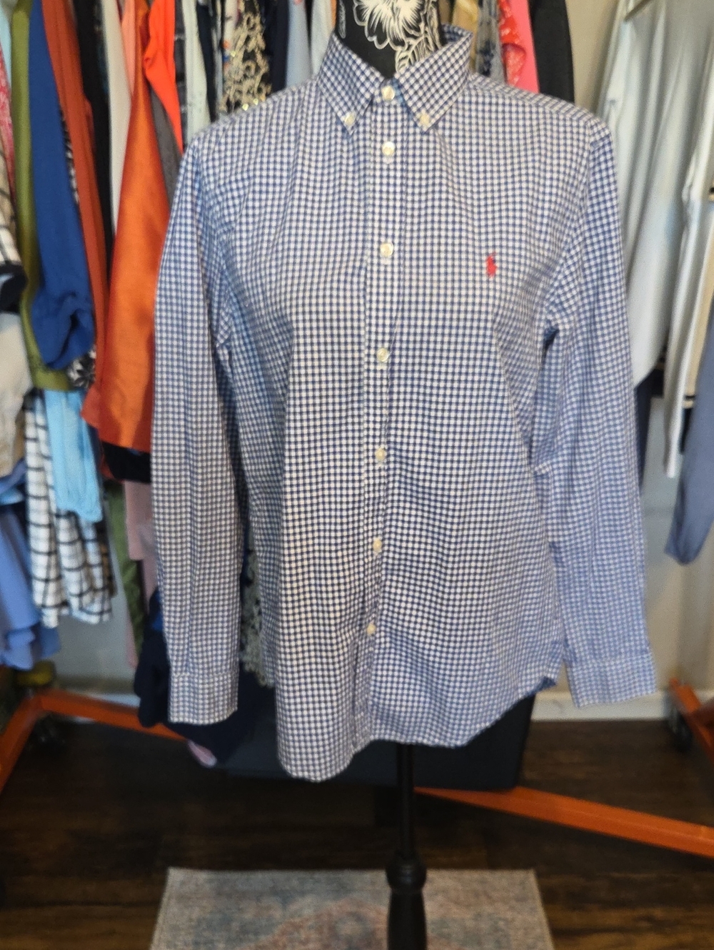 Polo by Ralph Lauren Blue and White Gingham Button-Down Shirt with Red Logo